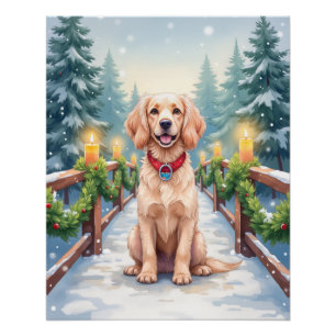 Poster Art de Noël de Boykin Spaniel sur un pont enneigé