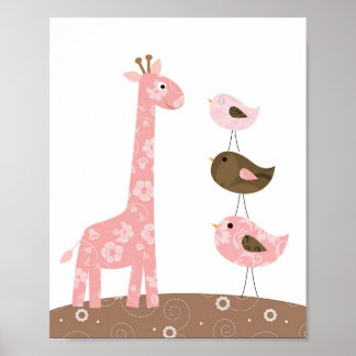 Poster Art de nurserie girafe et oiseau
