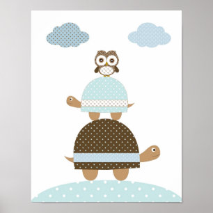Poster Art de nurserie pour bébé garçon avec hibou tortue