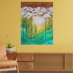 Poster Art de paysage abstrait, arbres minces, sarcelle, 