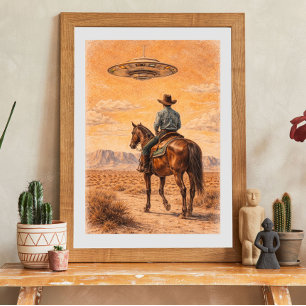 Poster Art de scène désertique de cow-boy et d'OVNI, scie