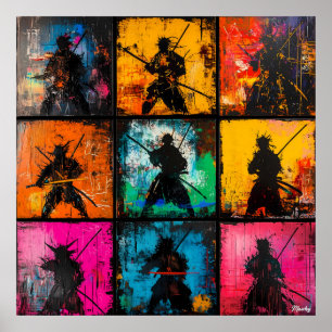 Poster Art de silhouette de samouraï en grille gras style