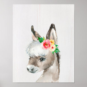 Poster Art de style ferme à l'aquarelle florale d'âne