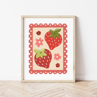 Poster Art de timbre-poste à la fraise coquette dessiné à