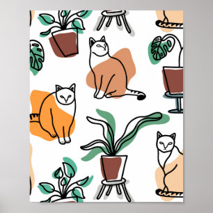 Poster Art de trait dessin chats et fleurs