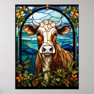 Poster Art de verre teinté de vache Portrait floral encad
