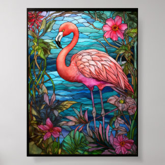 Poster Art de vitrail flamant tropical