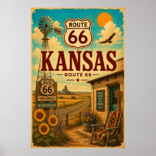 Poster Art de voyage de la Route 66 vintage au Kansas Tou