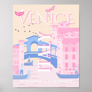 Poster Art de voyage Venise, Italie, Art de voyage, Rose