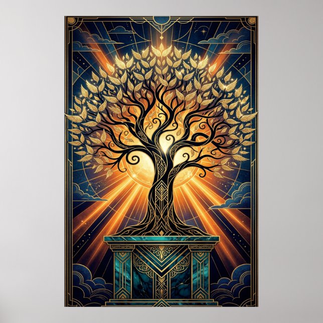 Poster Art Deco Angelic Feather Tree Gold & Midnight Post (Devant)