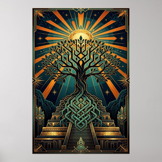 Poster Art Deco Celtic Tree of Life Pyramid Gold Teal  (Devant)