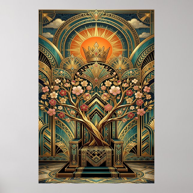 Poster Art Deco Cherry Blossom Tree Throne Gold Teal (Devant)