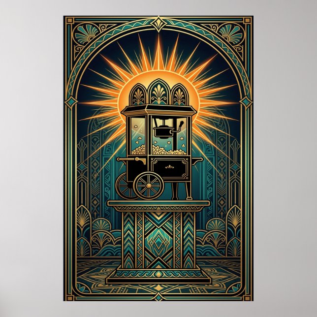 Poster Art Deco Cinema Popcorn Machine Gold & Teal (Devant)