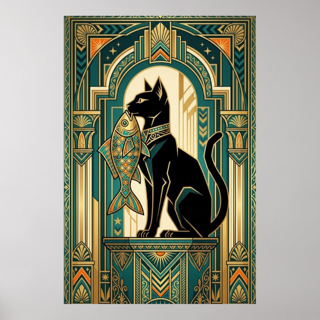 Poster Art Deco Curtain Climbing Cat Wall Art (Devant)