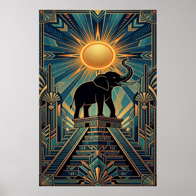 Poster Art Deco Elephant Pyramid Golden Sunset (Devant)