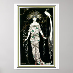 Poster Art Déco "Girl With Peacock" 13 x 19