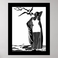 Poster ART DECO LADY Black White birds