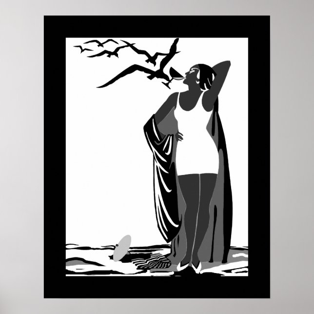 Poster ART DECO LADY Black White birds (Front)