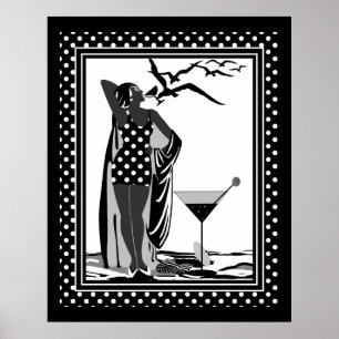 Poster ART DECO LADY Black White taches