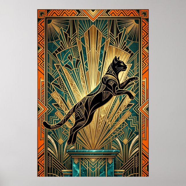 Poster Art Deco Leaping Black Cat Wall Art (Devant)