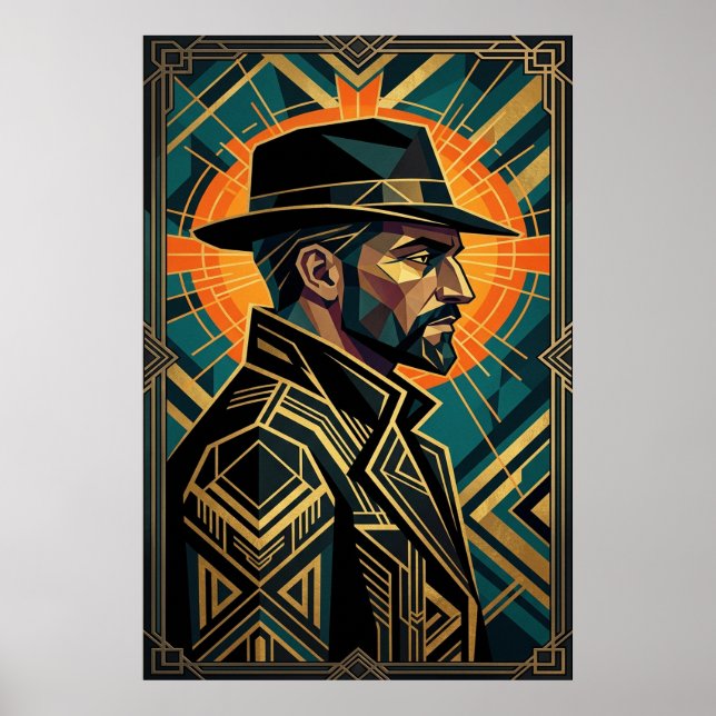Poster Art Deco Noir Detective Fedora Profile Gold  (Devant)