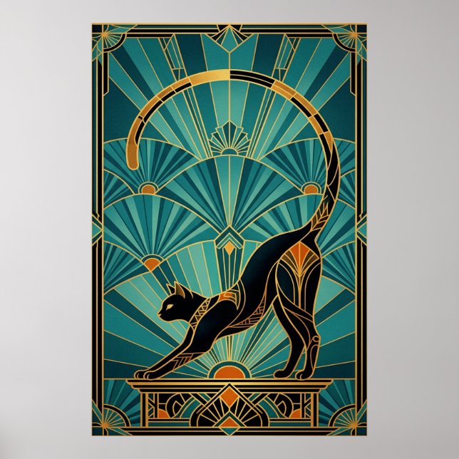 Poster Art Deco Stretching Black Cat Wall Art (Devant)