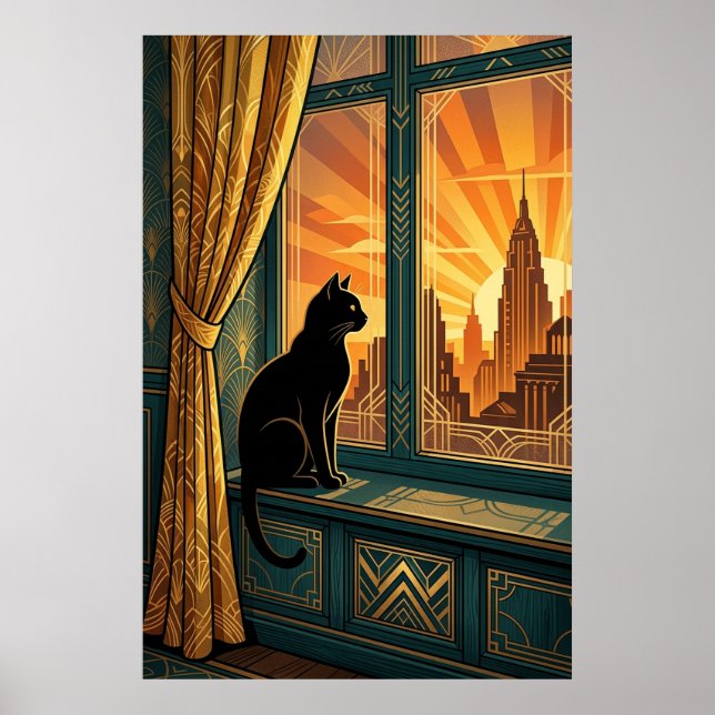 Poster Art Deco Windowsill Gazing Cat Wall Art (Devant)