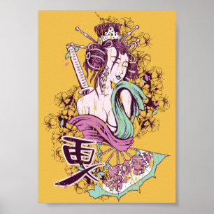 Poster art décoratif japonais samouraï geisha cool