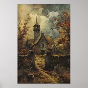 Poster Art d'église gothique en pierre rustique, Automne