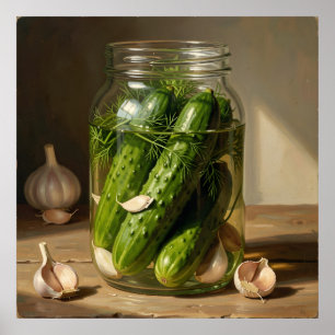 Poster Art des concombres verts, brins d'aneth et gousses