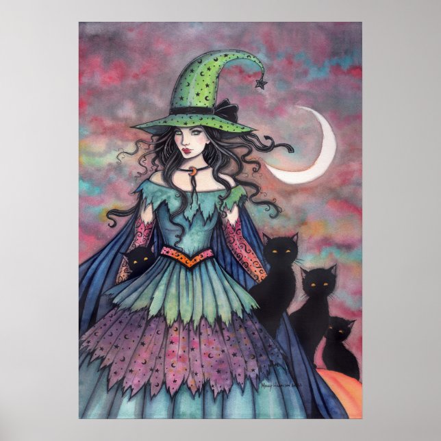 Poster Art d'Halloween sorcière et chats noirs (Devant)