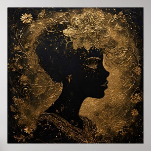 Poster Art doré élégant du profil d'une femme avec la flo