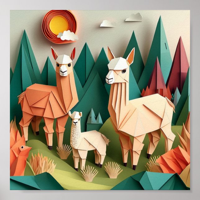 Poster Art d'origami en papier Alpacas Scène 3D (Devant)