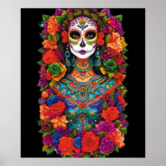 Poster Art du crâne de sucre - Belle femme en fleurs (Devant)