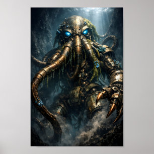 Poster Art du kraken mécanique steampunk en haute mer