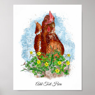 Poster Art du poulet tiré à la main   Poulet mignon en fl