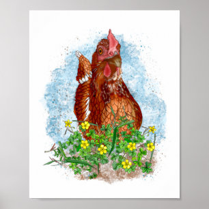 Poster Art du poulet tiré à la main Poulet mignon en fl