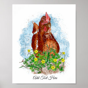 Poster Art du poulet tiré à la main   Poulet mignon en fl