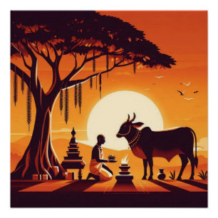 Poster Art du rituel de Puja de la vache hindoue orange c