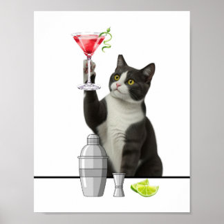 Poster Art d'un chat tenant un Martini rose