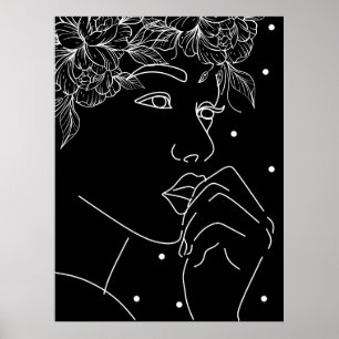 Poster Art en ligne de baiser floral féminin noir et blan