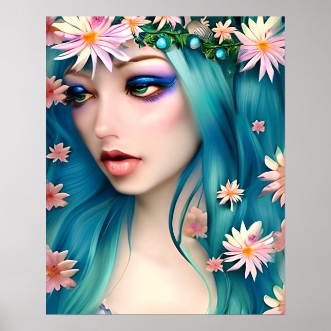Poster Art éthéré | Belle Fée aux cheveux bleus (Devant)