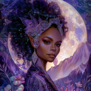 Poster Art Fantastique Déesse Elfe Lunaire Afro-Américain
