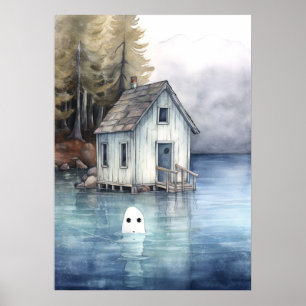 Poster Art fantôme : Maison minuscule sur un lac