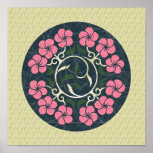 Poster Art Floral Arrondi Bleu Et Rose