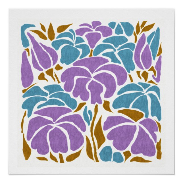 Poster Art floral bleu et jaune stylisé (Devant)