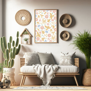 Poster Art floral et oiseaux dessiné à la main