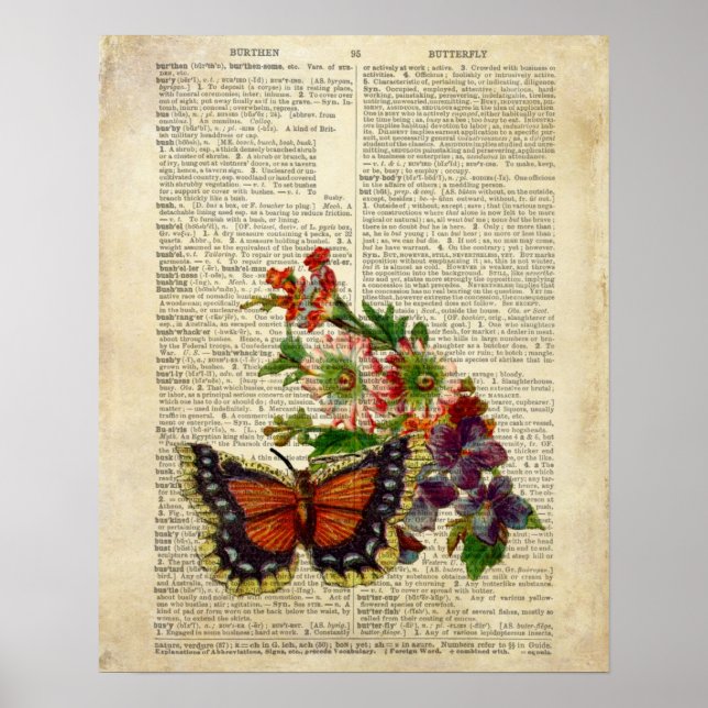 Poster Art floral papillon sur la page de dictionnaire vi (Devant)