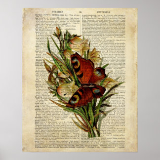 Poster Art floral papillon sur la page de dictionnaire vi