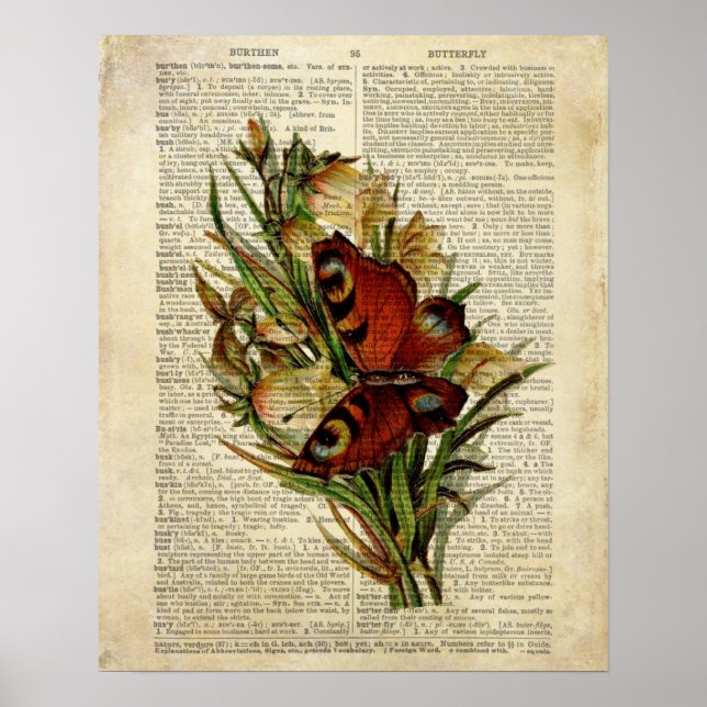 Poster Art floral papillon sur la page de dictionnaire vi (Devant)